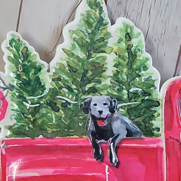 Hanging Metal Christmas Xmas Red Truck Black Lab Labrador Dog Pines Hanging Sign - Picture 7 of 15